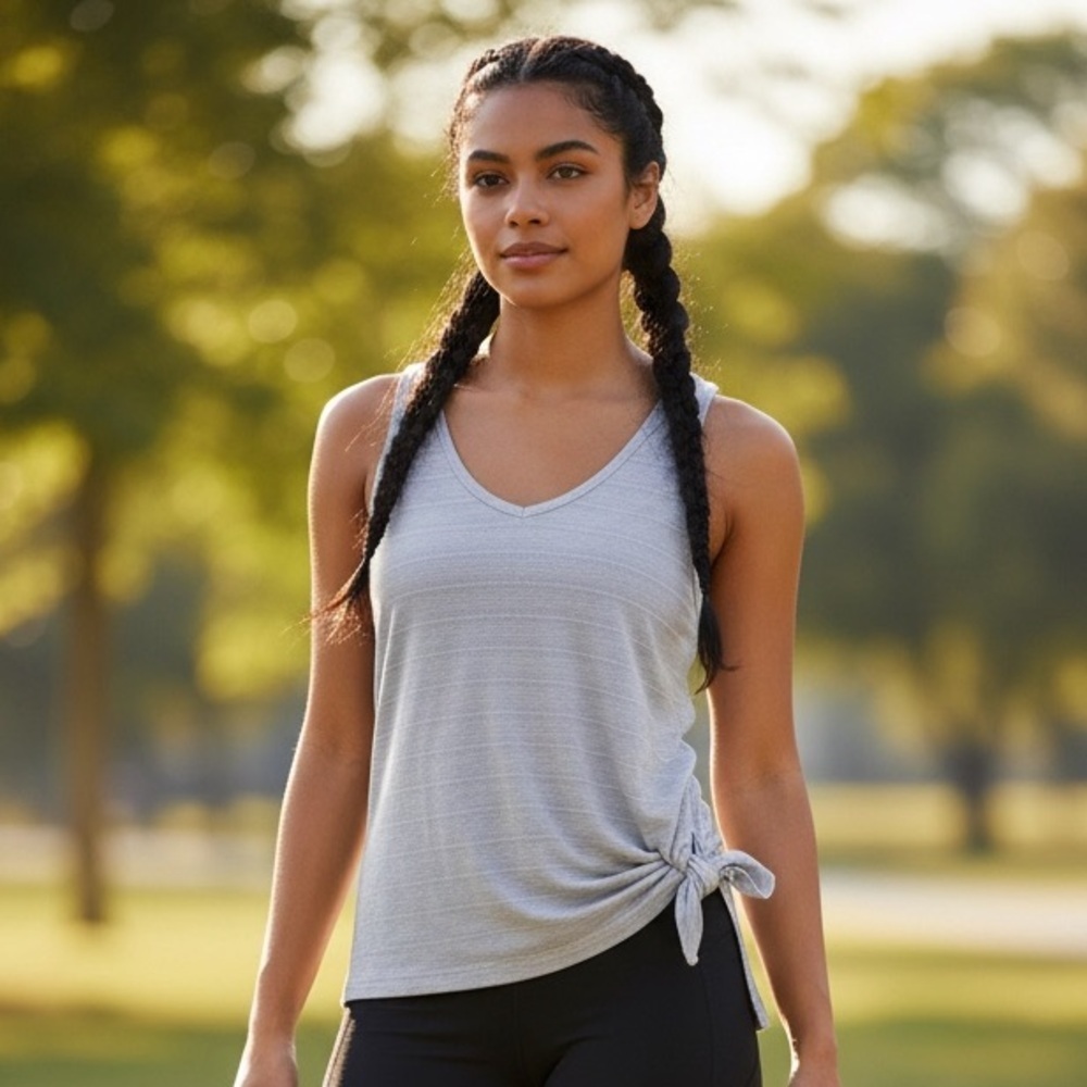 Athleta Women’s Tank Active scoop Neck Gray/White Stripes Tank Size-M